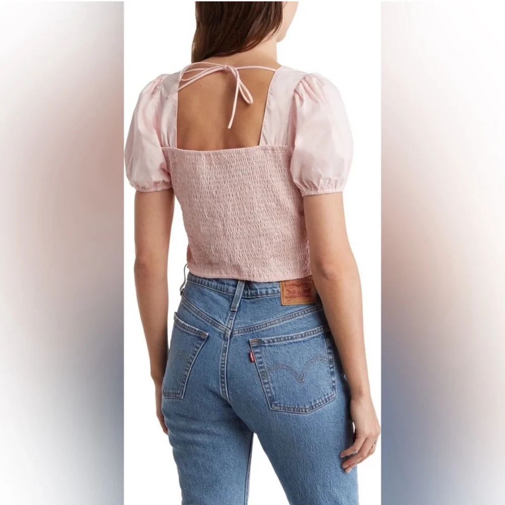 ASTR Blush Pink Puff Sleeve Crop Top Puff Sleeve Smocked Poplin Blouse preppy‎ S